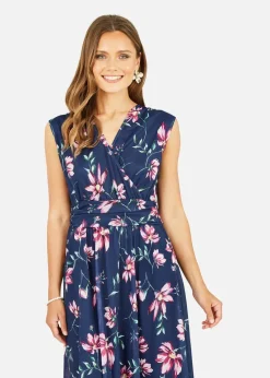 Yumi Navy Floral Print V-Neck Midi Skater Dress