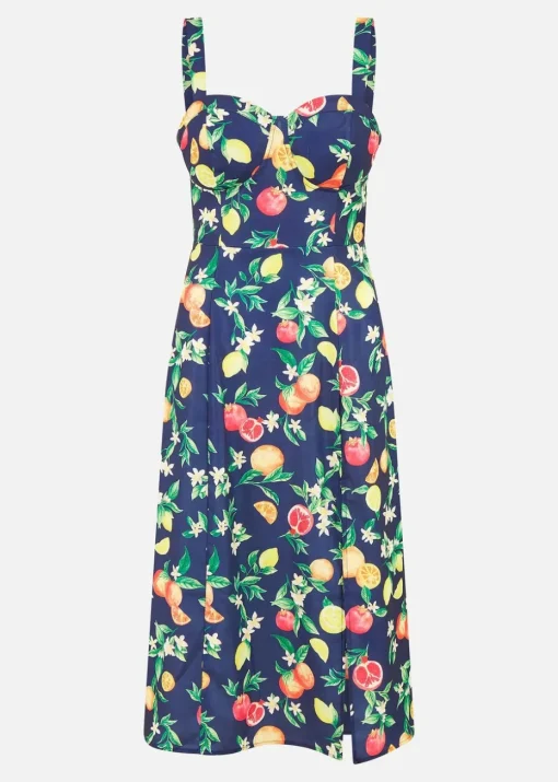 Yumi Navy Fruit Print Strappy Sundress With Front Split