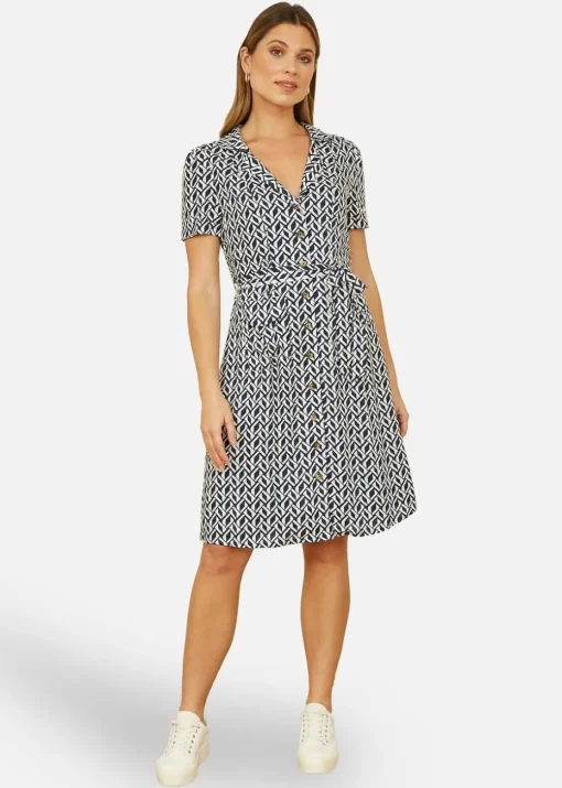 Yumi Navy Geo Print Retro Style Shirt Dress