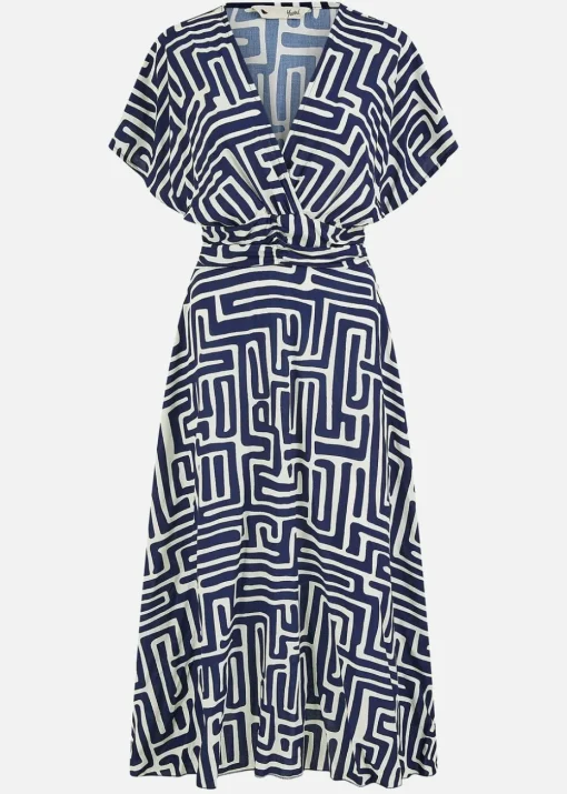 Yumi Navy Geometric Print Ruched Waist Midi Dress With Kimono Sleeves