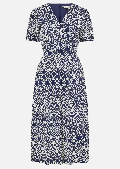 Yumi Navy Ikat Print Midi Dress With Split Hem