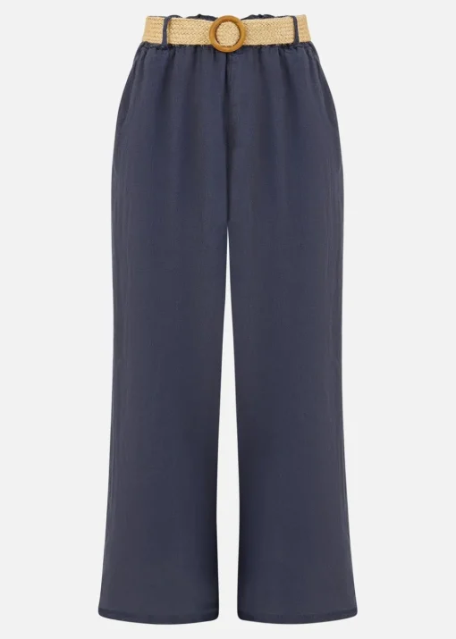 Yumi Navy Italian Linen Wide Leg Trousers With Belt
