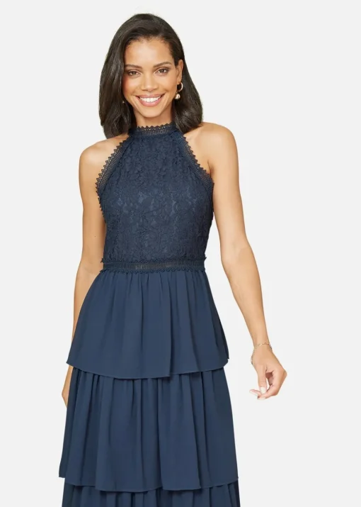 Yumi Navy Lace Halter Neck Midi Dress With Tiered Hem