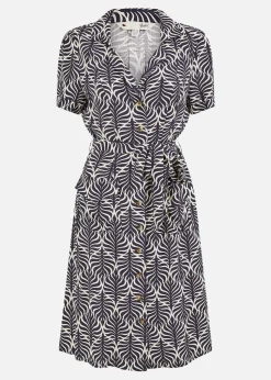 Yumi Navy Leaf Print Retro Shirt Dress