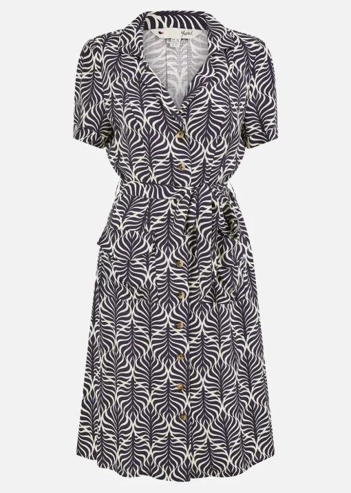 Yumi Navy Leaf Print Retro Shirt Dress