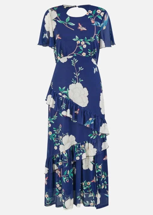 Yumi Navy Mesh Bird & Floral Print Midi Dress With Ruffles