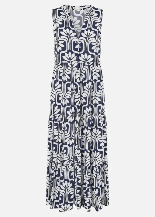 Yumi Navy Retro Print Relaxed Midi Dress
