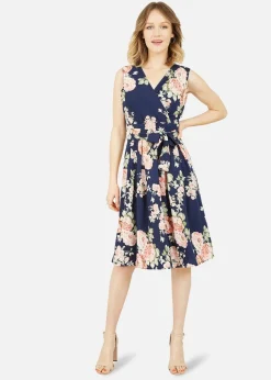 Yumi Navy Rose Printed Wrap Over Sleeveless Skater Dress