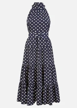 Yumi Navy Spot Print Halter Midi Dress With Matching Belt