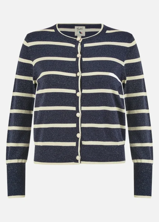 Yumi Navy Striped Sparkle Knitted Cardigan