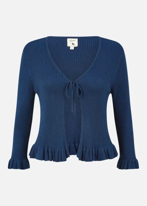 Yumi Navy Tie Up Ribbed Cardigan With Frill Hem