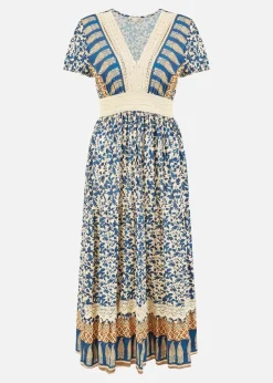 Yumi Navy Viscose Leaf Print Maxi Dress With Lace Trim