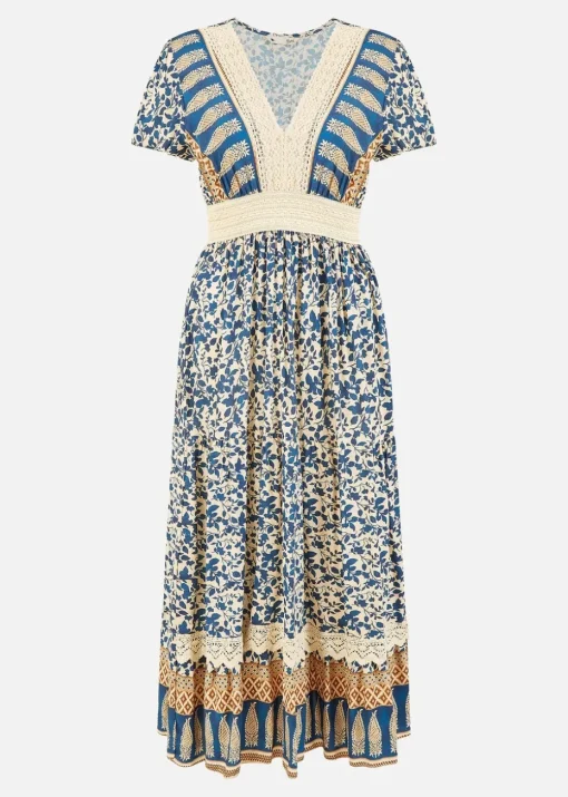 Yumi Navy Viscose Leaf Print Maxi Dress With Lace Trim