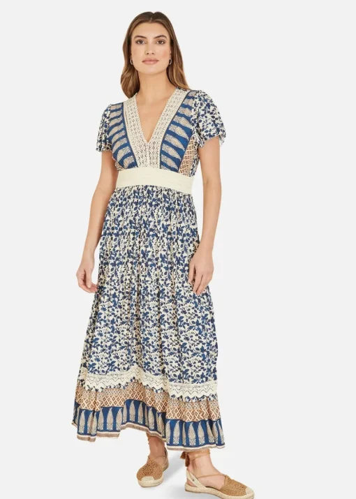 Yumi Navy Viscose Leaf Print Maxi Dress With Lace Trim