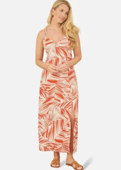 Yumi Orange Leaf Print Maxi Dress With Cross Back