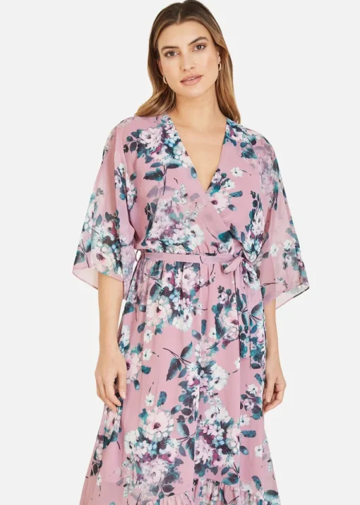 Yumi Pink Floral Kimono Dipped Hem Dress