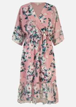 Yumi Pink Floral Kimono Dipped Hem Dress
