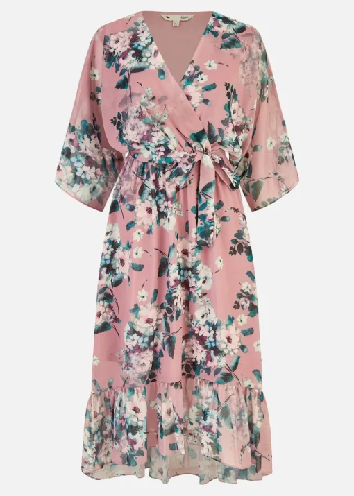 Yumi Pink Floral Kimono Dipped Hem Dress