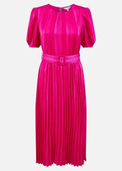 Yumi Pink Satin Striped Midi Dress With Pleats and Matching Belt