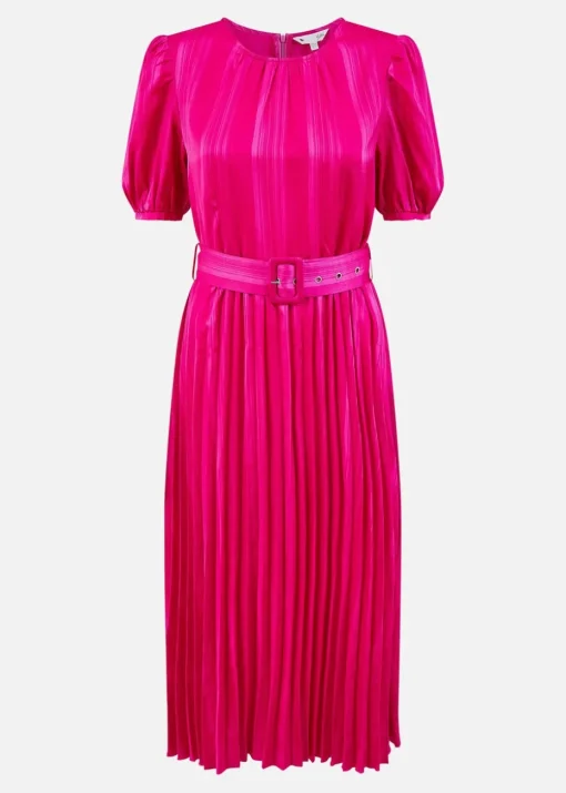 Yumi Pink Satin Striped Midi Dress With Pleats and Matching Belt
