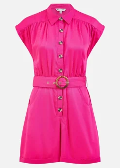 Yumi Pink Twill Cotton Button Up Playsuit With Matching Belt