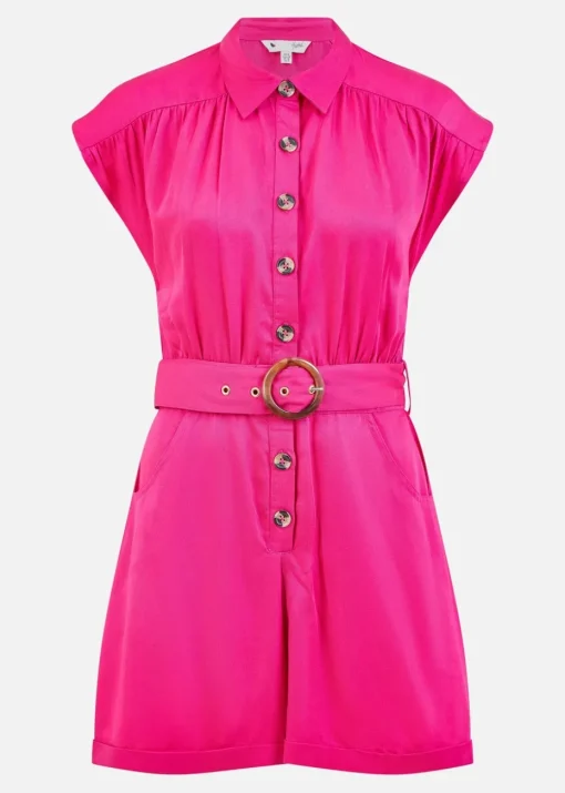 Yumi Pink Twill Cotton Button Up Playsuit With Matching Belt