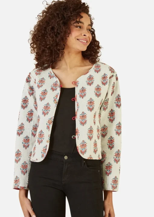 Yumi Red Animal Print Reversible Cotton Cropped Quilted Jacket