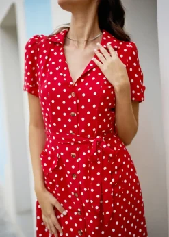 Yumi Red Retro Shirt Polka Dot Dress