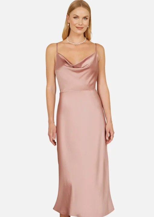 Yumi Rose Pink Satin Cowl Neck Midi Dress
