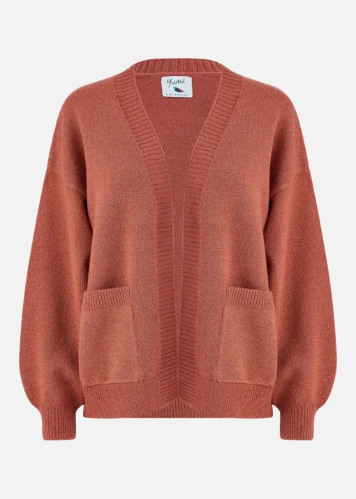 Yumi Rust Metallic Relaxed Slouchy Cardigan With Pockets