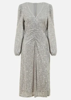 Yumi Silver Sequin Ruched Front Long Sleeve Midi Dress