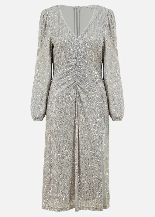 Yumi Silver Sequin Ruched Front Long Sleeve Midi Dress