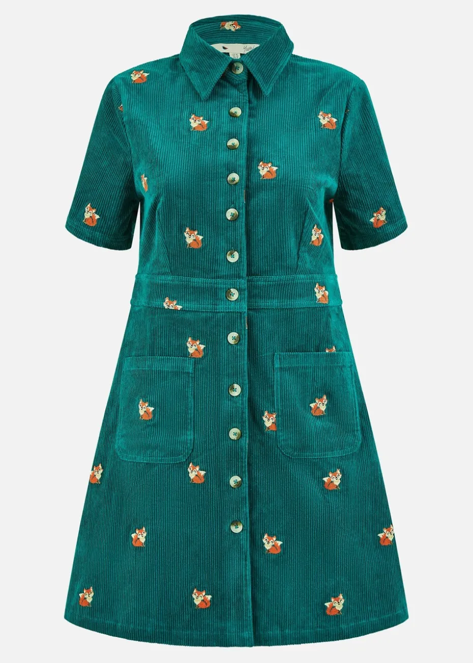 Yumi Teal Cord Shirt Dress With All Over Fox Embroidery