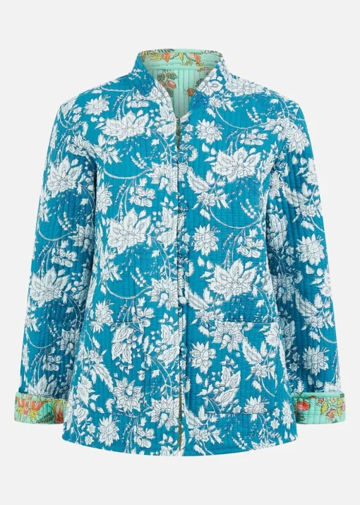 Yumi Teal Floral Reversible Cotton Quilted Jacket