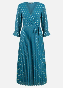 Yumi Teal Foil Printed Pleated Wrap Midi Dress