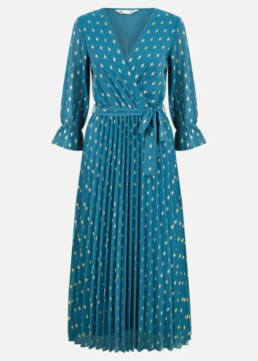 Yumi Teal Foil Printed Pleated Wrap Midi Dress