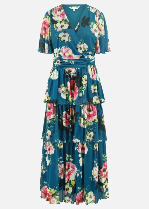 Yumi Teal Green Floral Mesh Tiered Maxi Dress