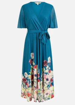Yumi Teal Mesh Wrap Midi Dress With Floral Hem Border