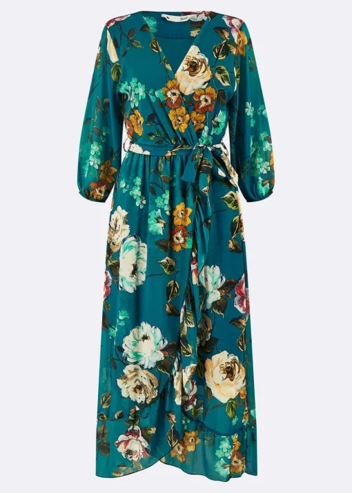 Yumi Teal Watercolour Dip Hem Midi Wrap Dress