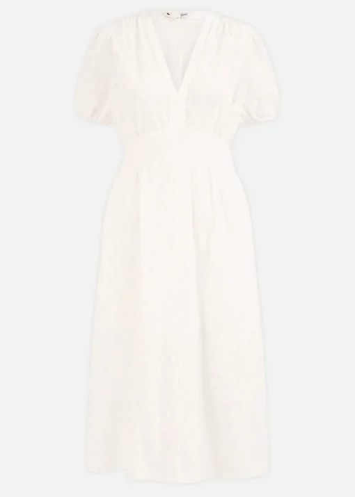 Yumi White Broderie Anglaise Midi Dress With Split Hemline