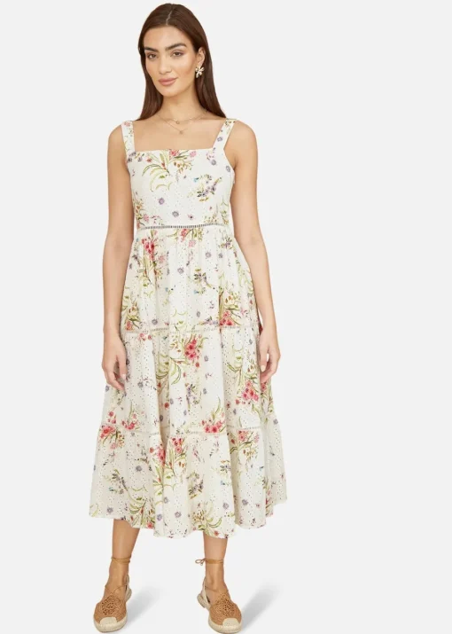 Yumi White Floral Broderie Anglaise Midi Sun Dress