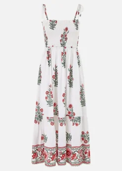 Yumi White Floral Printed Smocked Midi Dress