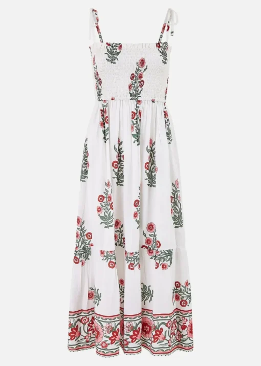 Yumi White Floral Printed Smocked Midi Dress