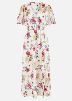 Yumi White Floral Recycled Fabric Ruched Waist Midi Dress