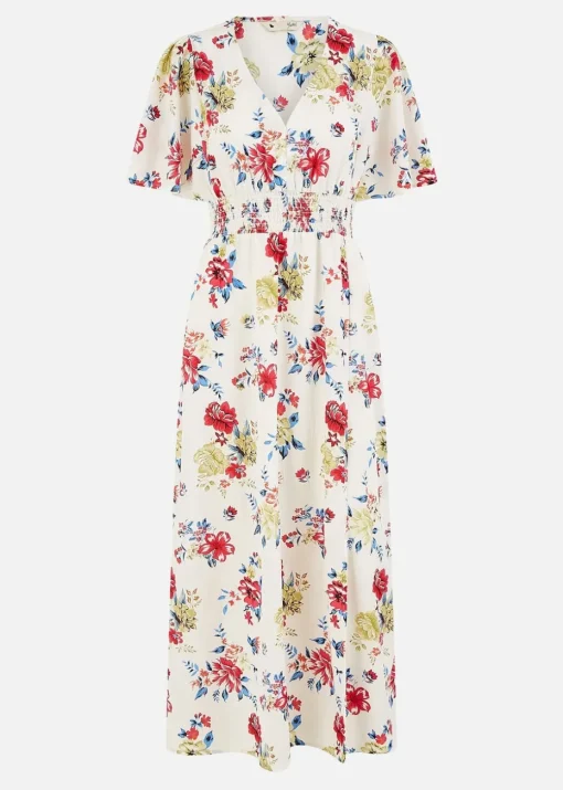 Yumi White Floral Recycled Fabric Ruched Waist Midi Dress
