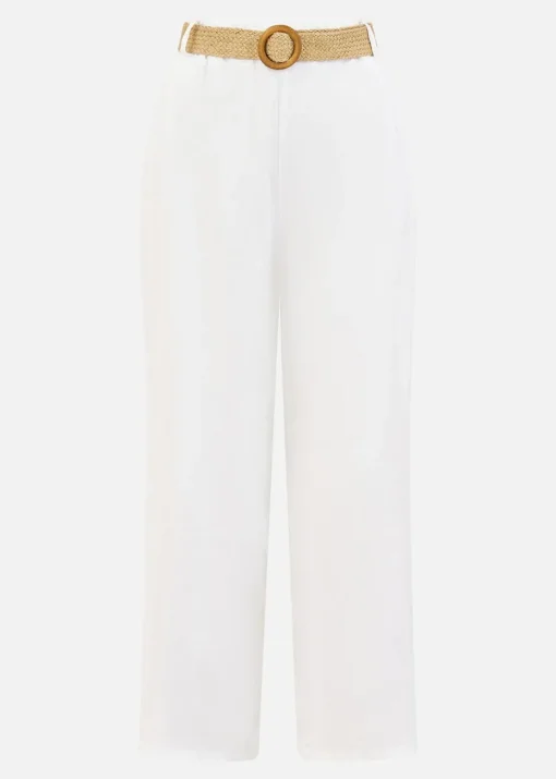 Yumi White Italian Linen Wide Leg Trousers With Belt