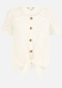 Yumi White Jersey Button Detail T Shirt With Broderie Anglaise Sleeves & Tie Front