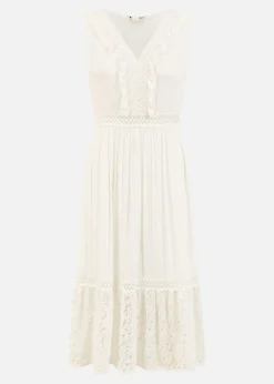 Yumi White Lace And Dobby Cotton Midi Dress