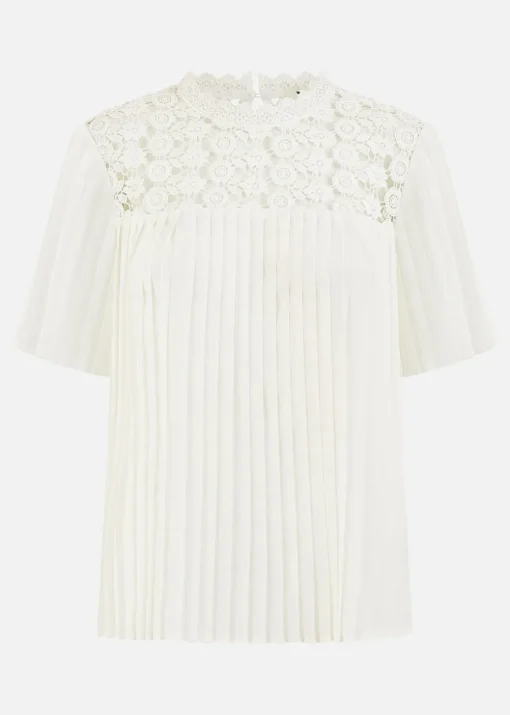 Yumi White Lace Panel Pleated Short Sleeve Top