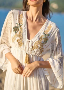 Yumi White Metallic Embellished Maxi Dress With Long Sleeves